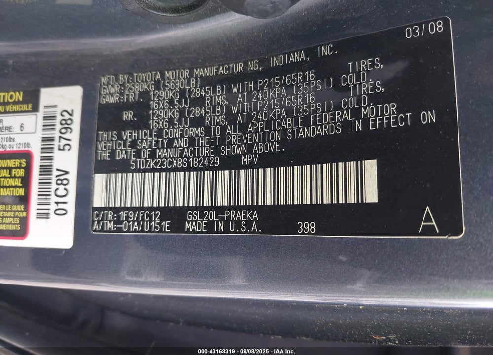 2008 TOYOTA SIENNA LE VIN: 5TDZK23CX8S182429