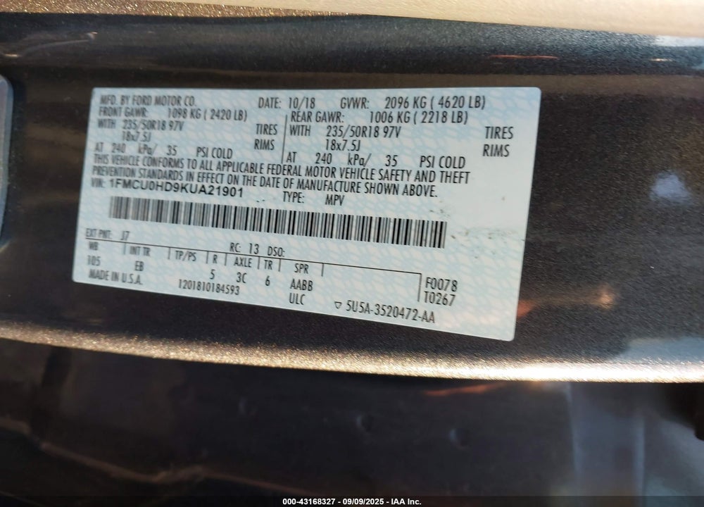 2019 FORD ESCAPE VIN: 1FMCU0HD9KUA21901