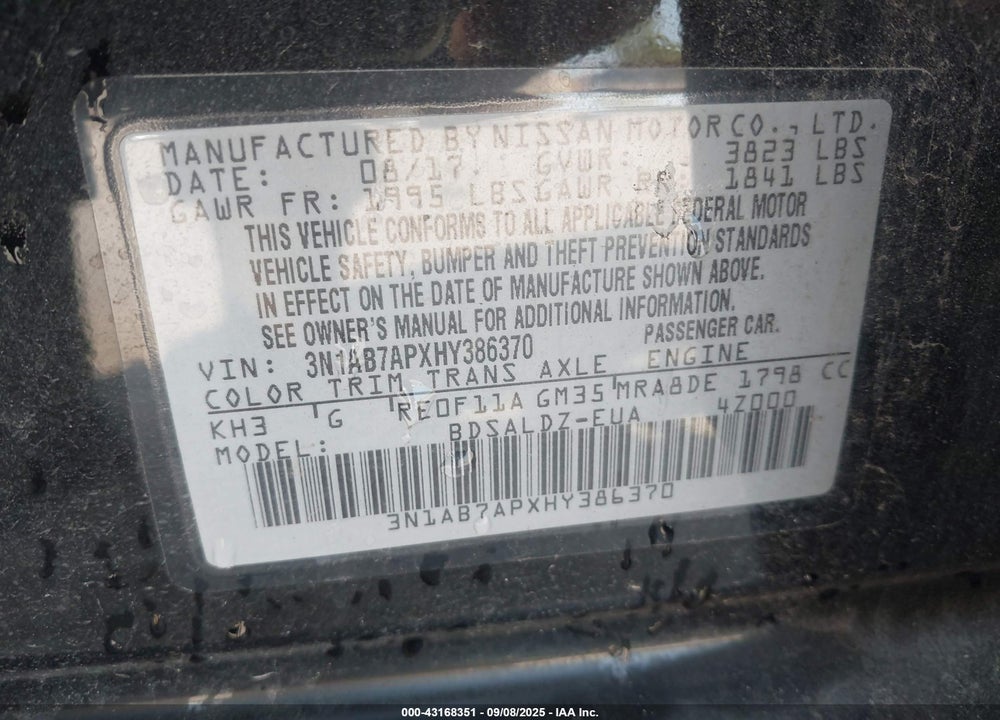 2017 NISSAN SENTRA VIN: 3N1AB7APXHY386370