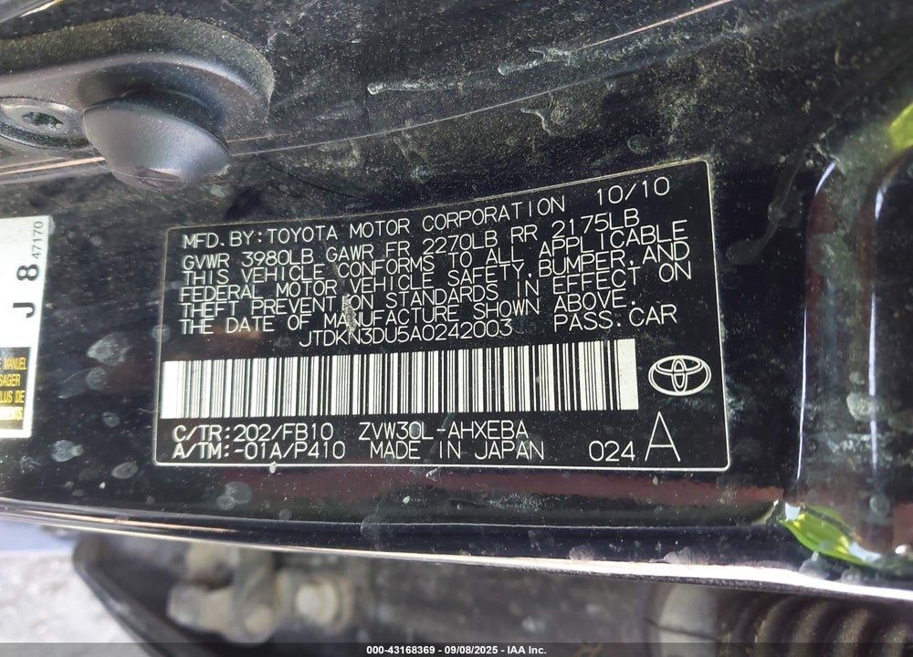 2010 TOYOTA PRIUS VIN: JTDKN3DU5A0242003