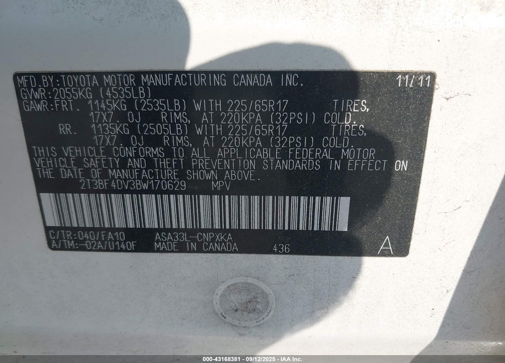 2011 TOYOTA RAV4 VIN: 2T3BF4DV3BW170629