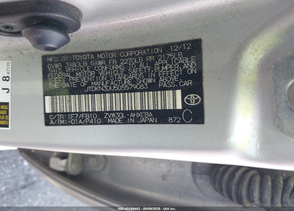 2013 TOYOTA PRIUS VIN: JTDKN3DU5D5579083