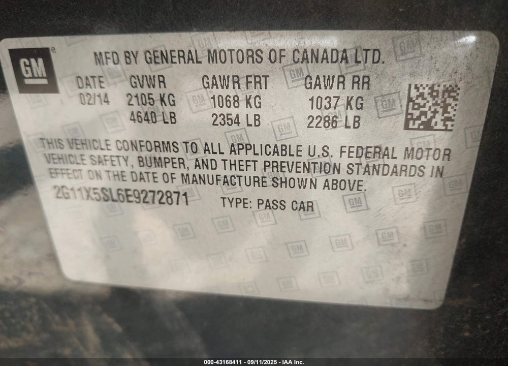 2014 CHEVROLET IMPALA 1FL VIN: 2G11X5SL6E9272871