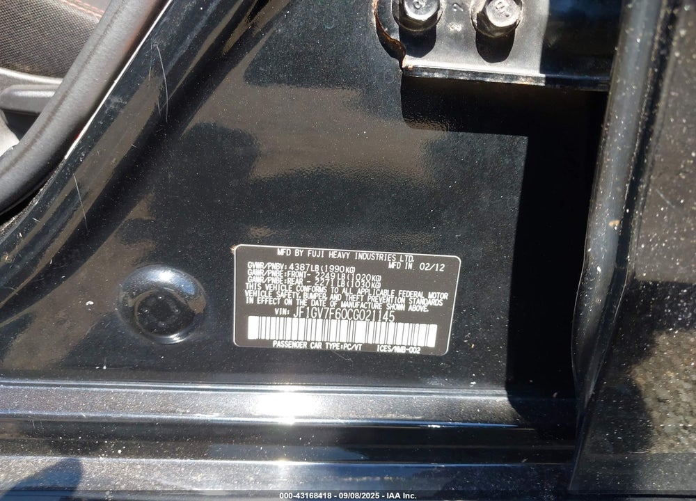 2012 SUBARU IMPREZA VIN: JF1GV7F60CG021145