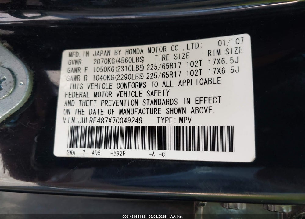 2007 HONDA CR-V VIN: JHLRE487X7C049249