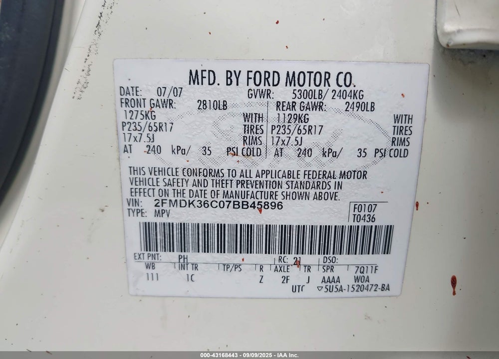 2007 FORD EDGE SE VIN: 2FMDK36C07BB45896