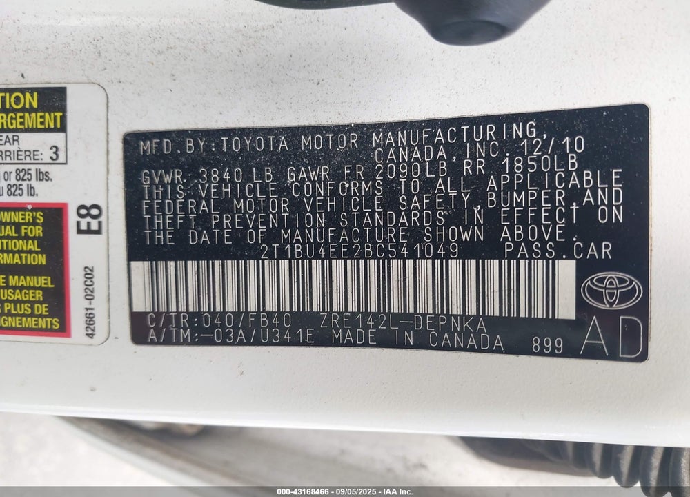 2011 TOYOTA COROLLA VIN: 2T1BU4EE2BC541049
