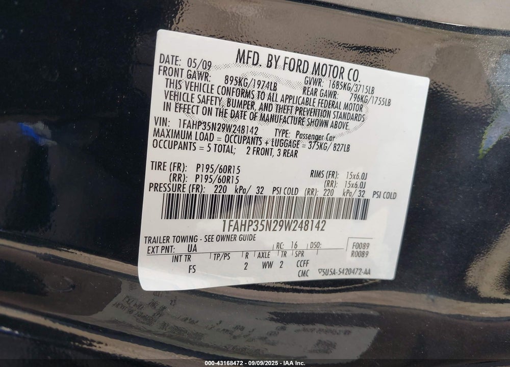2009 FORD FOCUS VIN: 1FAHP35N29W248142