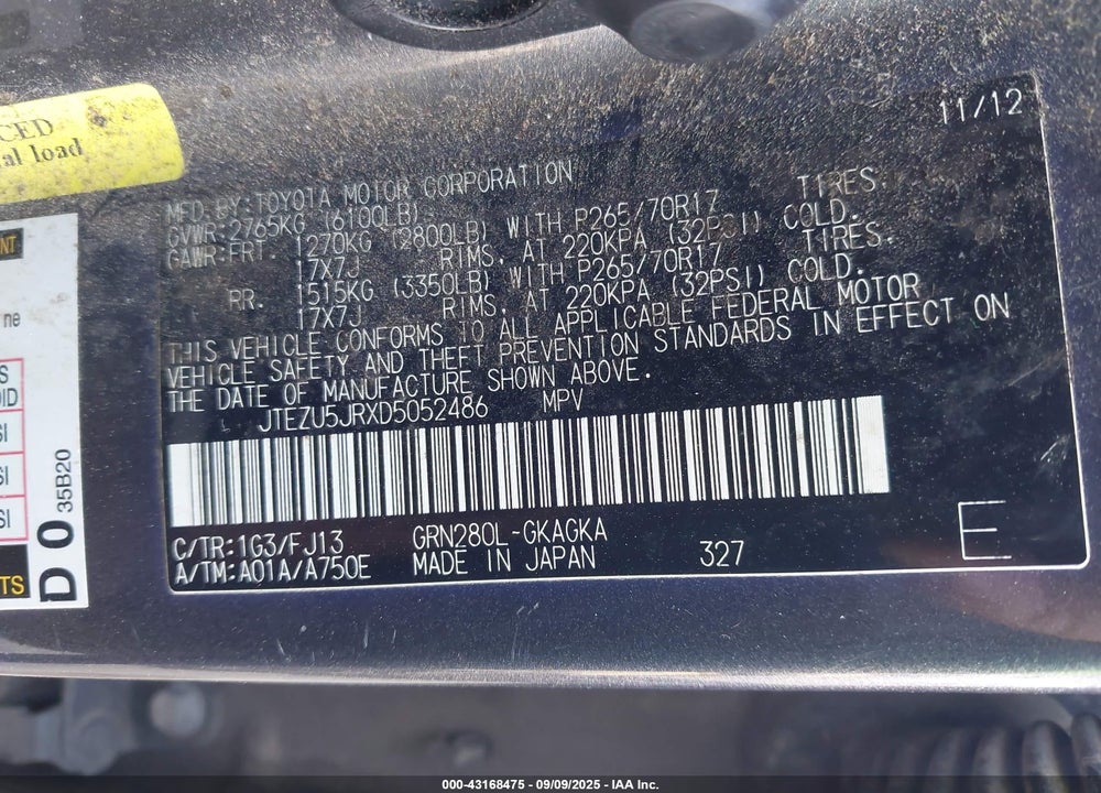 2013 TOYOTA 4RUNNER VIN: JTEZU5JRXD5052486