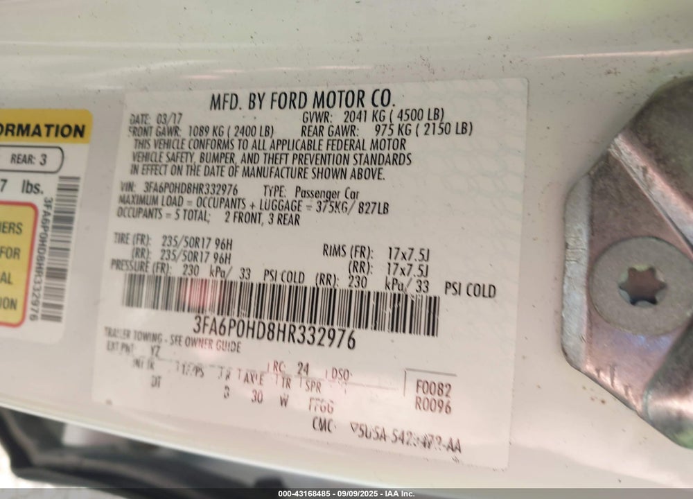 2017 FORD FUSION SE VIN: 3FA6P0HD8HR332976