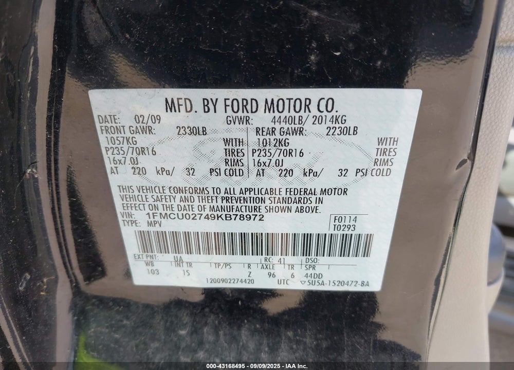 2009 FORD ESCAPE VIN: 1FMCU02749KB78972