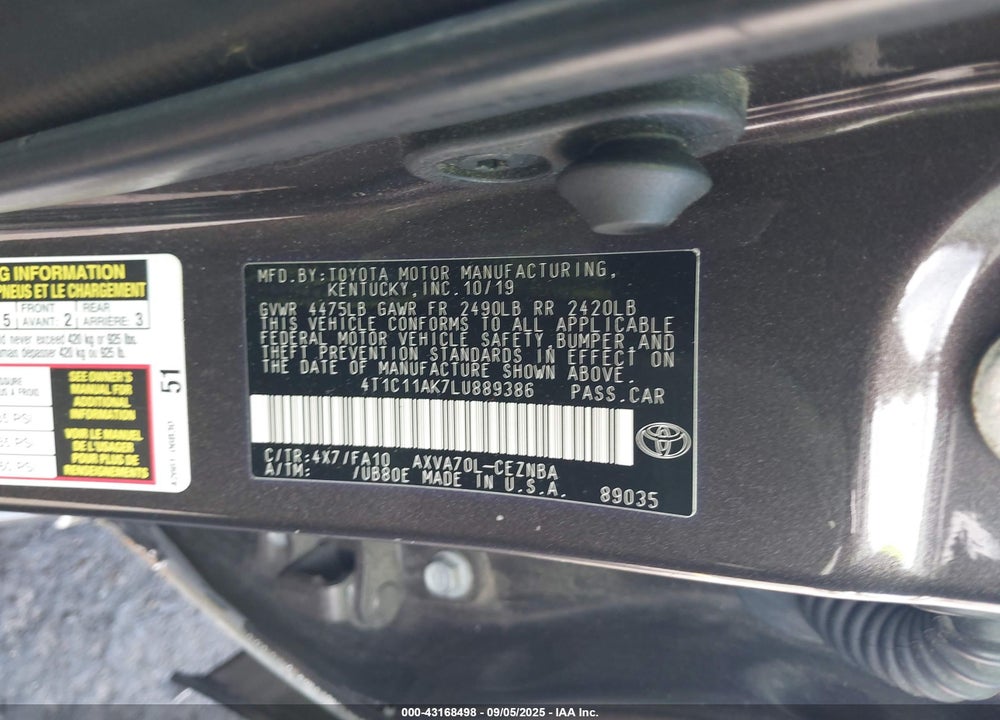 2020 TOYOTA CAMRY VIN: 4T1C11AK7LU889386