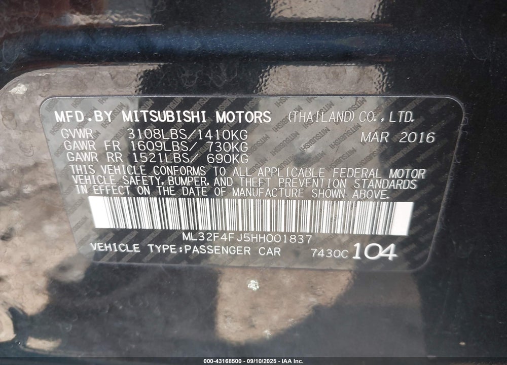 2017 MITSUBISHI MIRAGE VIN: ML32F4FJ5HH001837