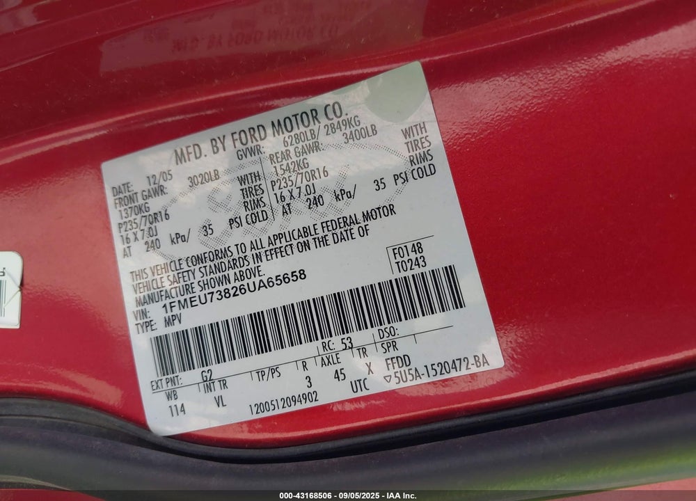 2006 FORD EXPLORER VIN: 1FMEU73826UA65658