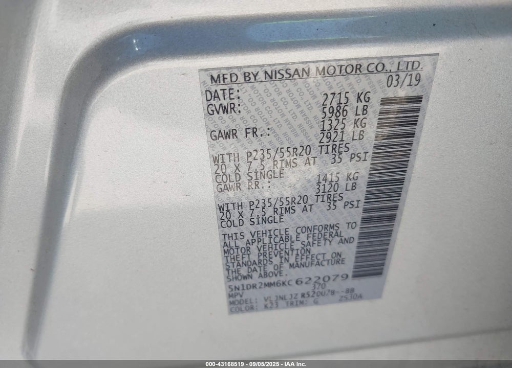 2019 NISSAN PATHFINDER VIN: 5N1DR2MM6KC622079