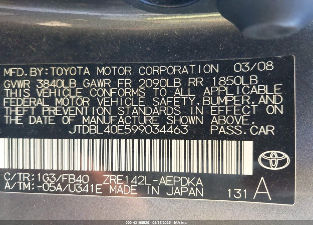 2009 TOYOTA COROLLA VIN: JTDBL40E599034463