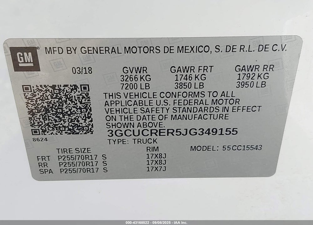 2018 CHEVROLET SILVERADO 1500 1LT VIN: 3GCUCRER5JG349155