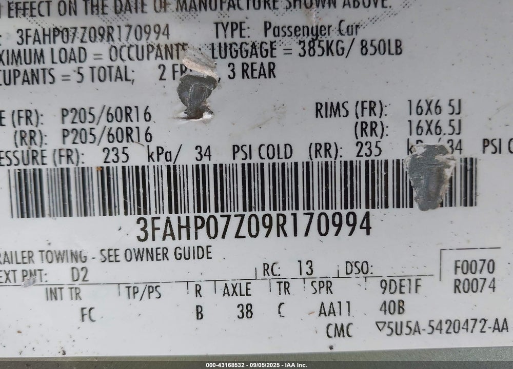 2009 FORD FUSION VIN: 3FAHP07Z09R170994