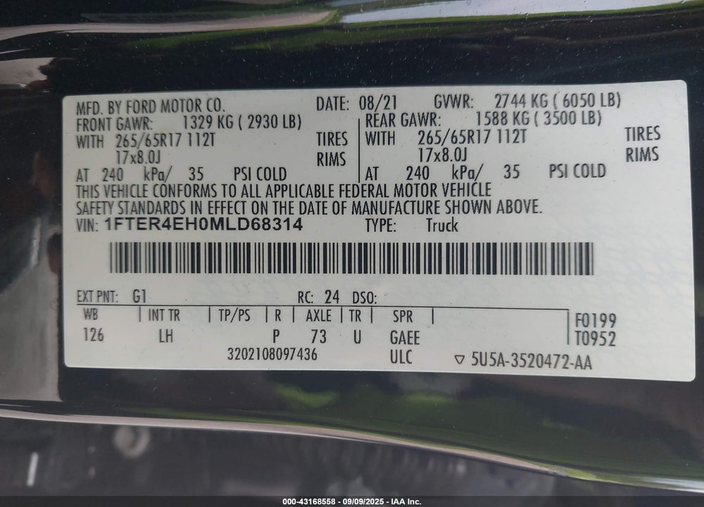 2021 FORD RANGER VIN: 1FTER4EH0MLD68314