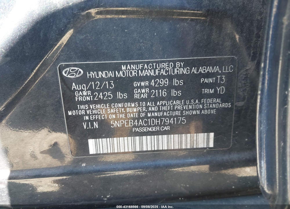 2013 HYUNDAI SONATA VIN: 5NPEB4AC1DH794175