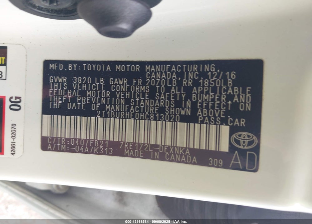 2017 TOYOTA COROLLA VIN: 2T1BURHE0HC813020