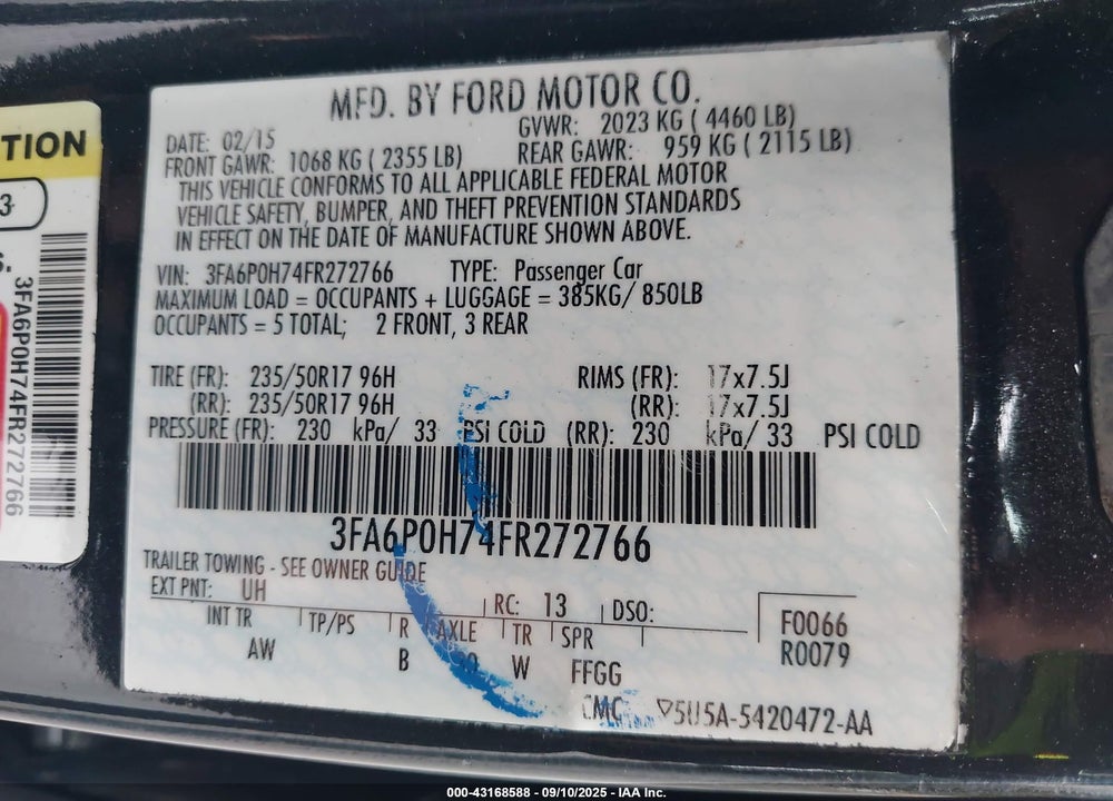 2015 FORD FUSION VIN: 3FA6P0H74FR272766
