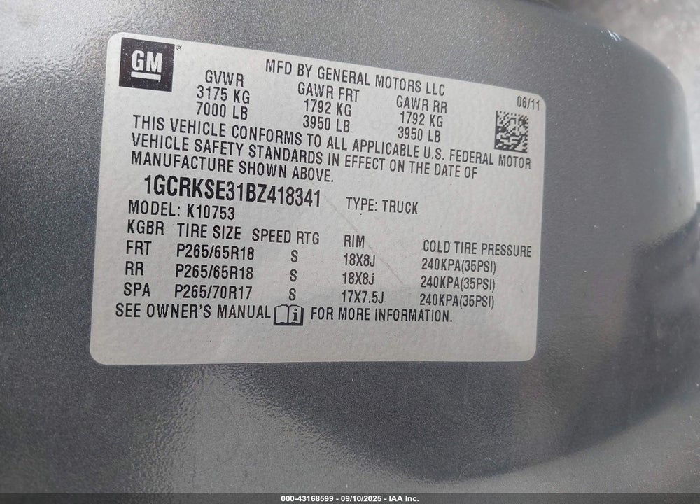 2011 CHEVROLET SILVERADO 1500 LT VIN: 1GCRKSE31BZ418341