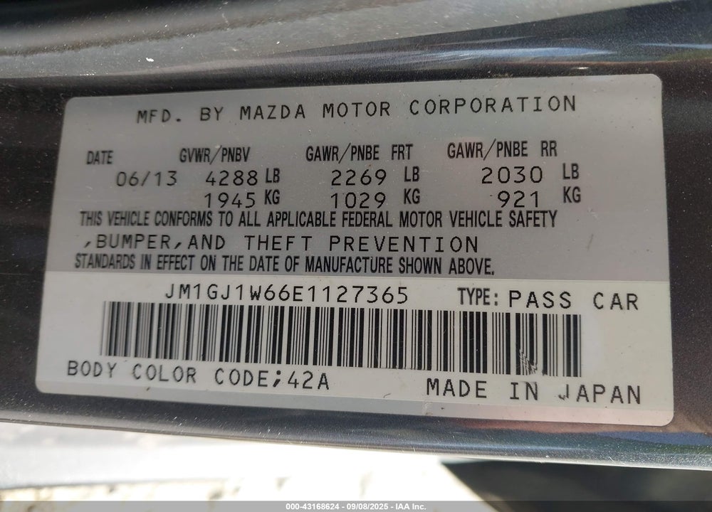 2014 MAZDA 6 VIN: JM1GJ1W66E1127365