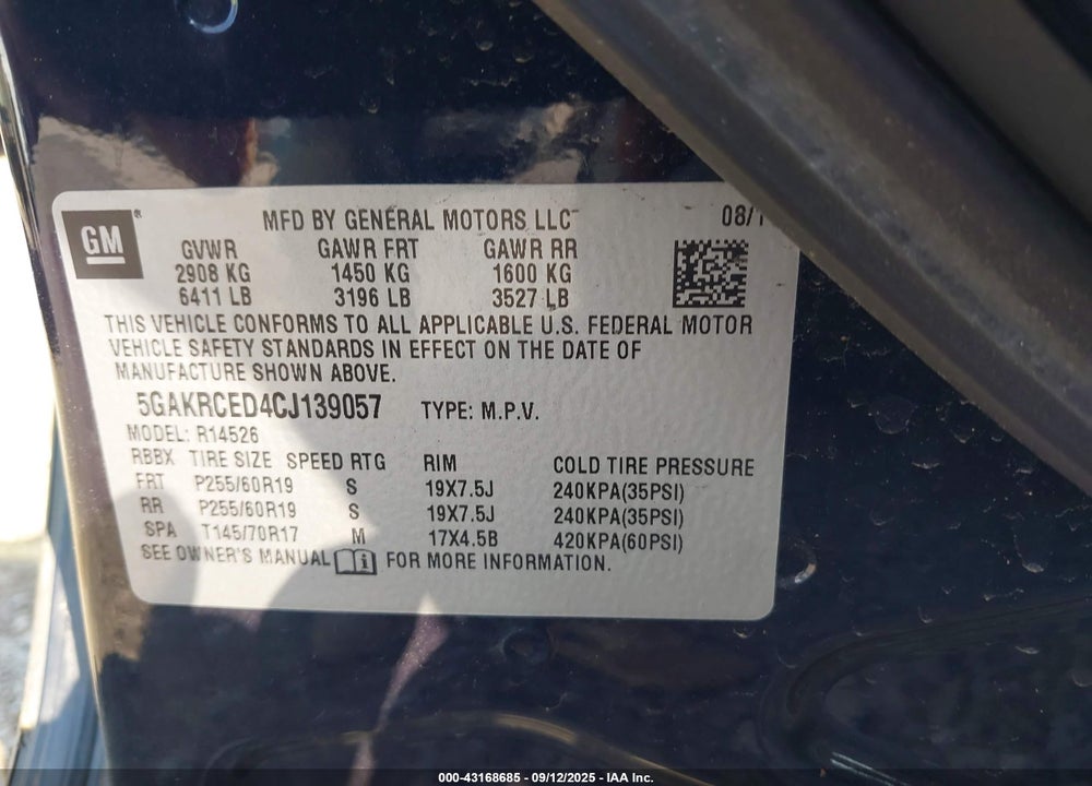 2012 BUICK ENCLAVE LEATHER VIN: 5GAKRCED4CJ139057