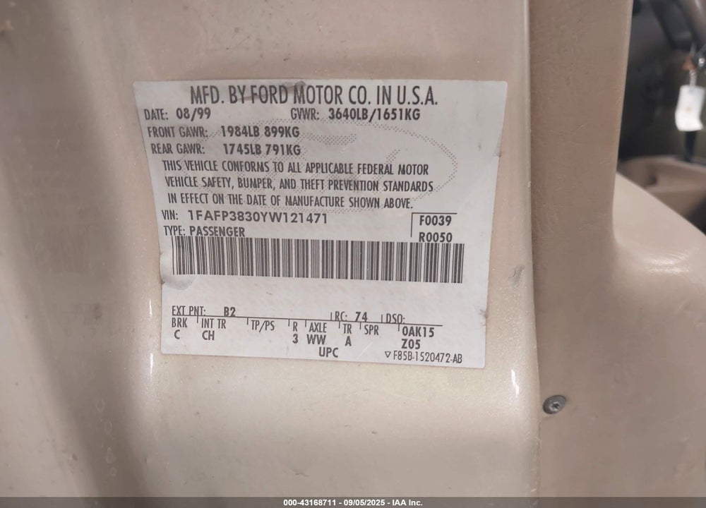 2000 FORD FOCUS ZTS VIN: 1FAFP3830YW121471