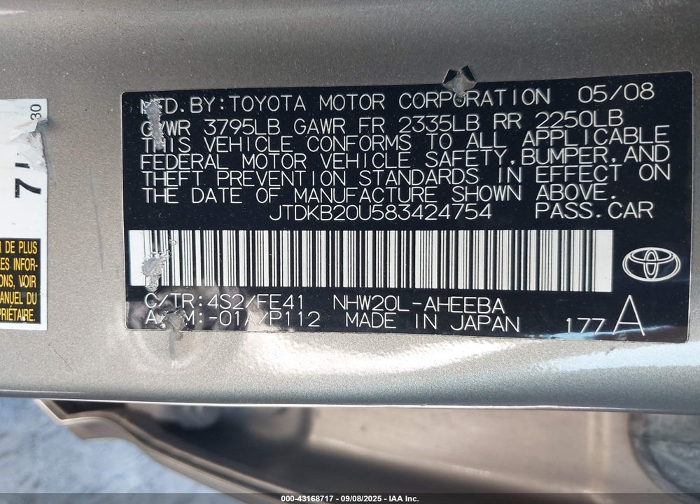 2008 TOYOTA PRIUS VIN: JTDKB20U583424754
