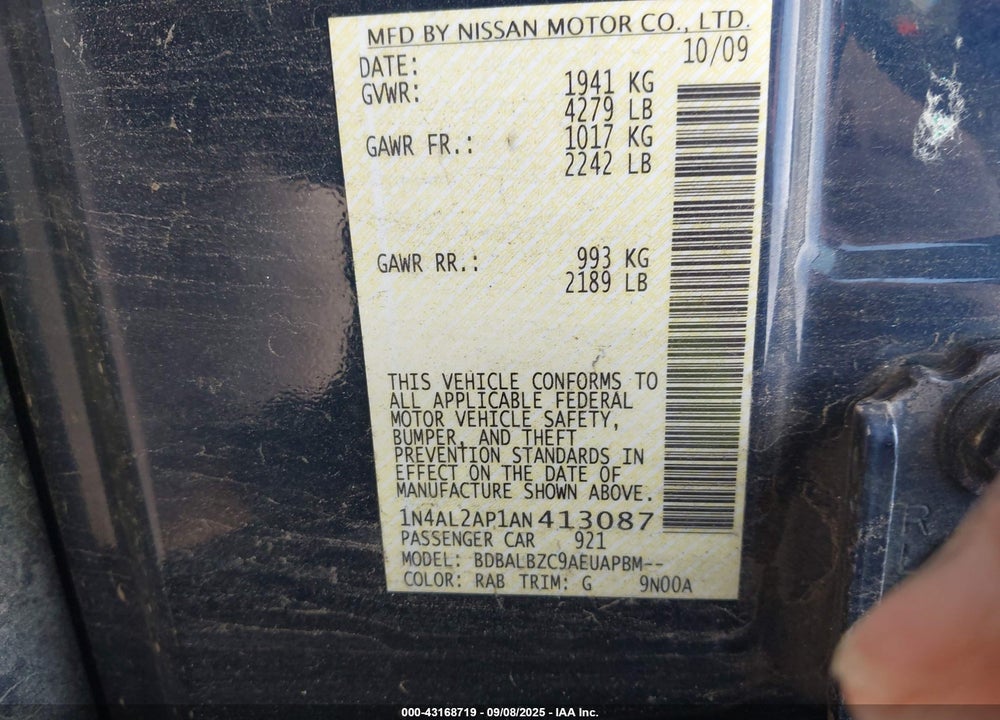 2010 NISSAN ALTIMA VIN: 1N4AL2AP1AN413087