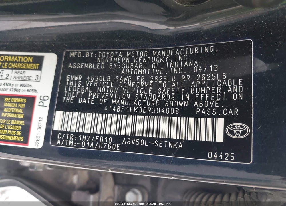 2013 TOYOTA CAMRY LE VIN: 4T4BF1FK3DR304008