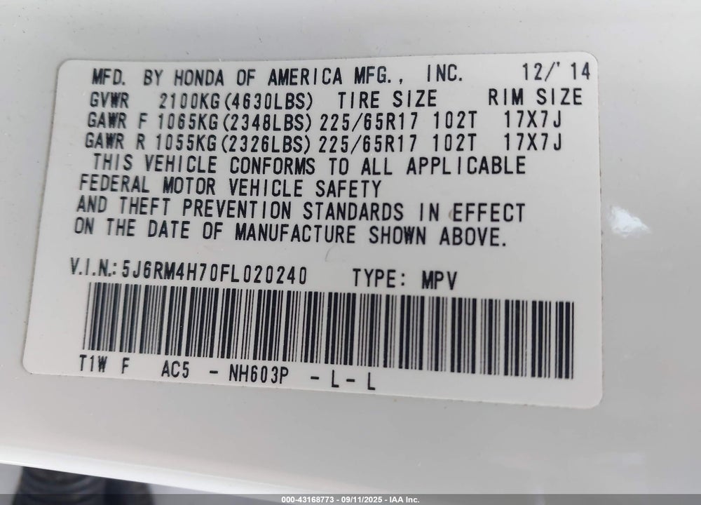 2015 HONDA CR-V VIN: 5J6RM4H70FL020240