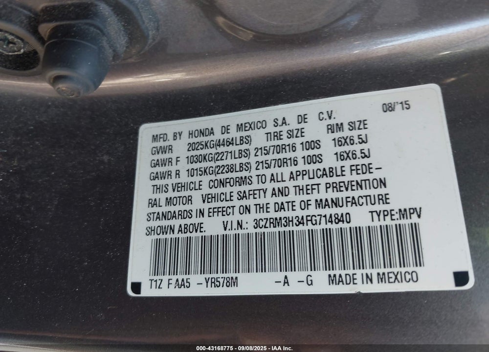 2015 HONDA CR-V LX VIN: 3CZRM3H34FG714840