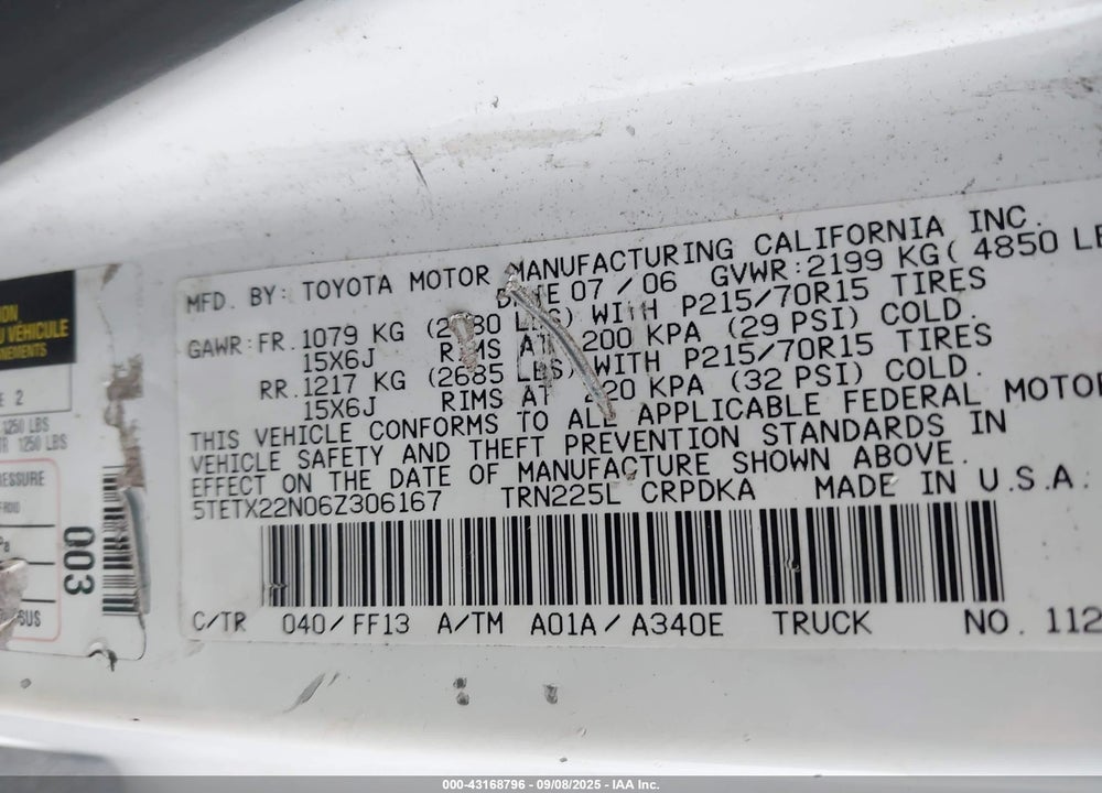 2006 TOYOTA TACOMA VIN: 5TETX22N06Z306167