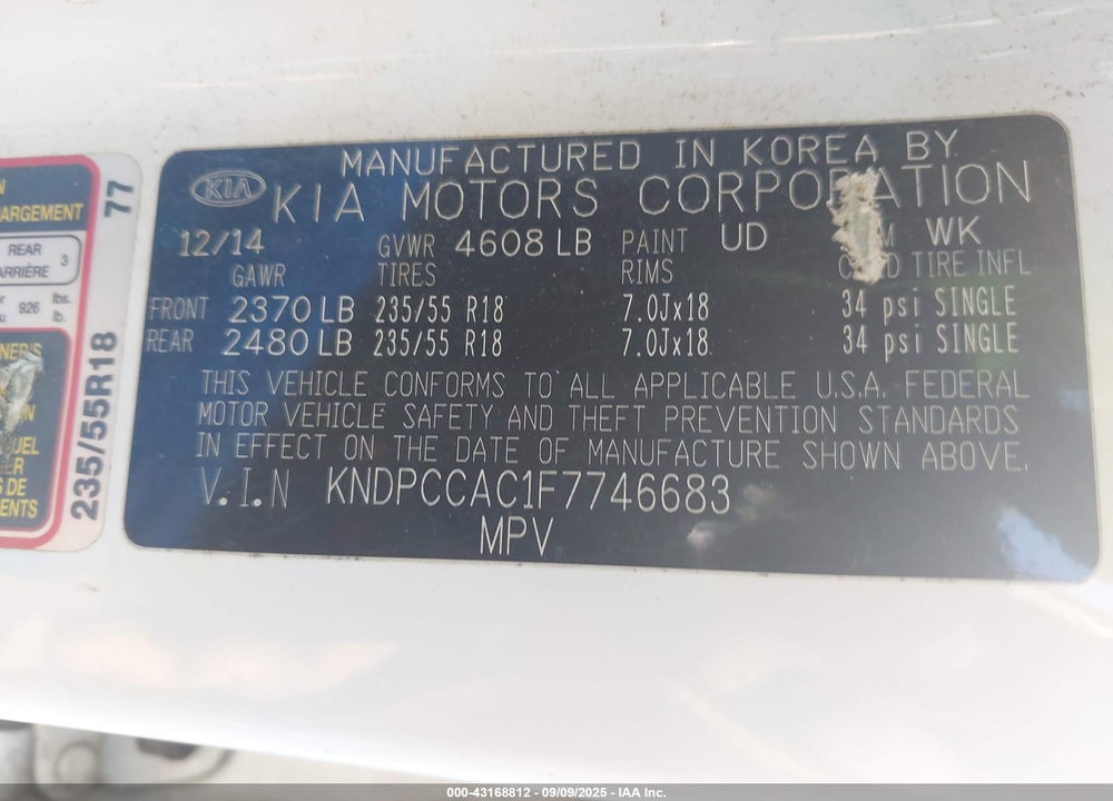 2015 KIA SPORTAGE VIN: KNDPCCAC1F7746683