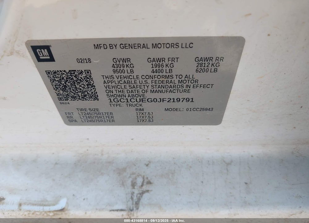 2018 CHEVROLET SILVERADO 2500 VIN: 1GC1CUEG0JF219791
