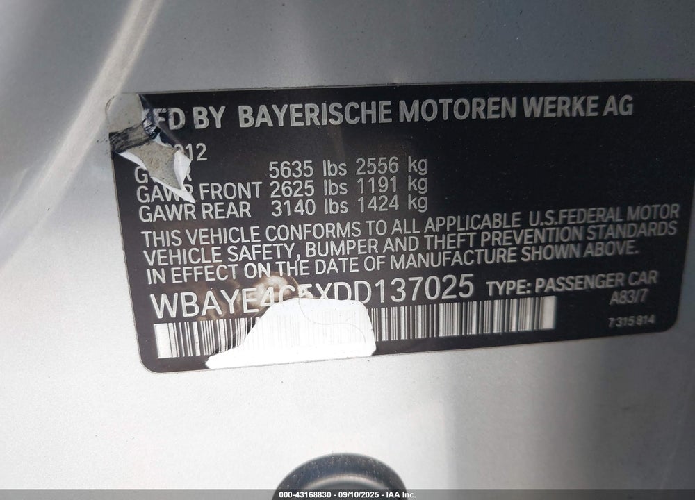 2013 BMW 740LI VIN: WBAYE4C5XDD137025