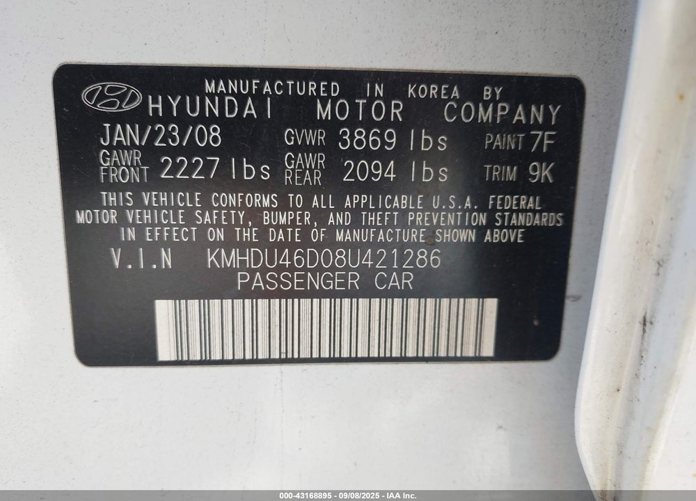 2008 HYUNDAI ELANTRA GLS/SE VIN: KMHDU46D08U421286