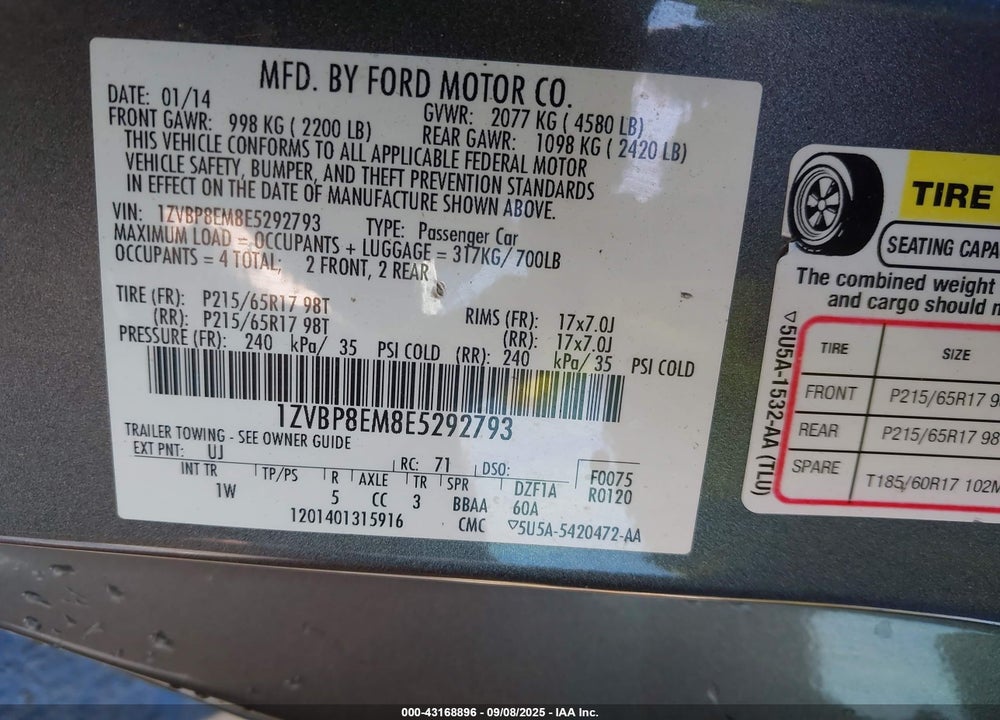 2014 FORD MUSTANG VIN: 1ZVBP8EM8E5292793