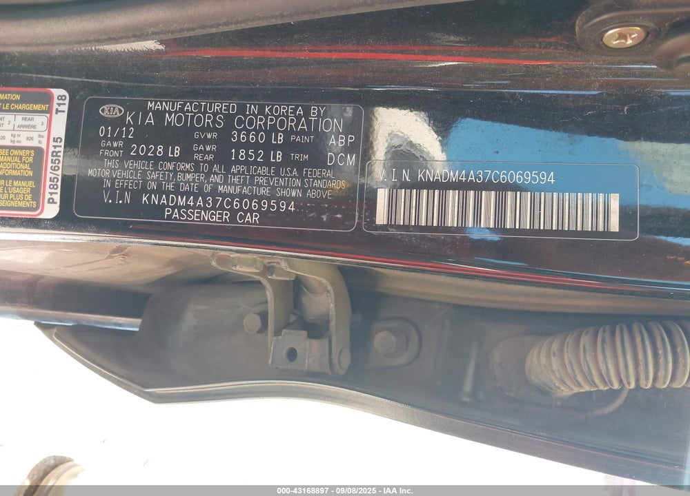 2012 KIA RIO VIN: KNADM4A37C6069594