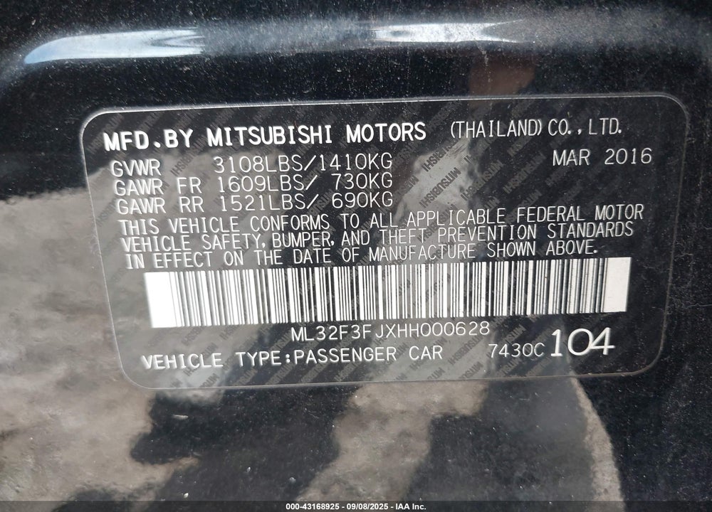 2017 MITSUBISHI MIRAGE VIN: ML32F3FJXHH000628