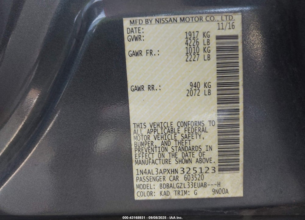 2017 NISSAN ALTIMA VIN: 1N4AL3APXHN325123