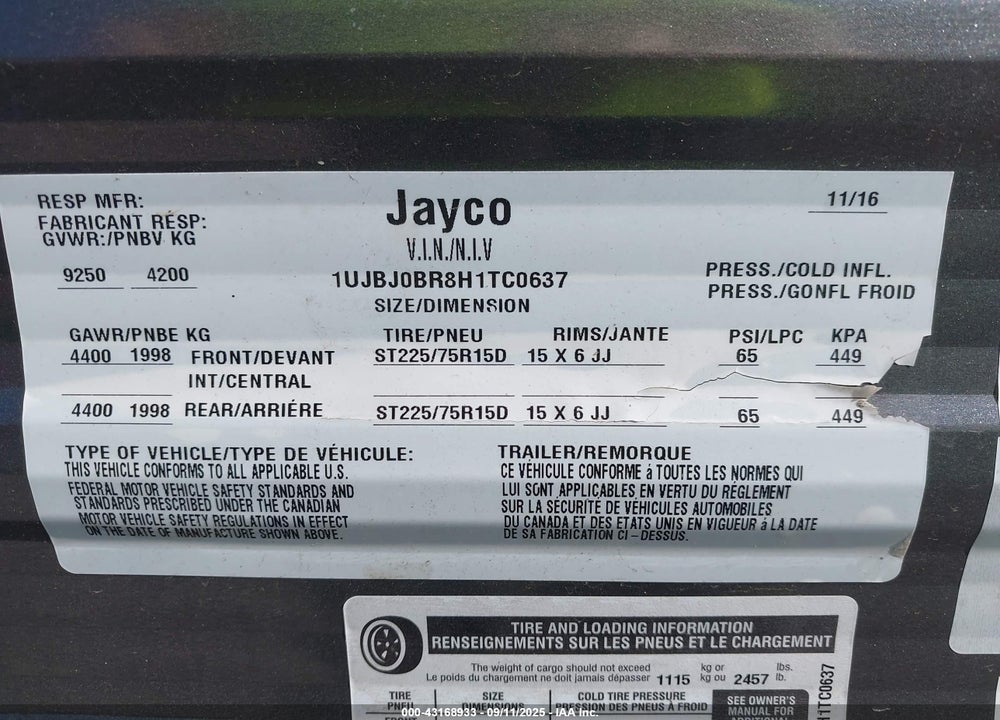 2017 TRAILER JAYCO BHBE TRAVEL VIN: 1UJBJ0BR8H1TC0637