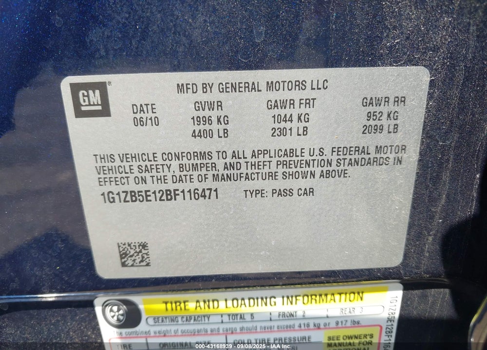 2011 CHEVROLET MALIBU VIN: 1G1ZB5E12BF116471