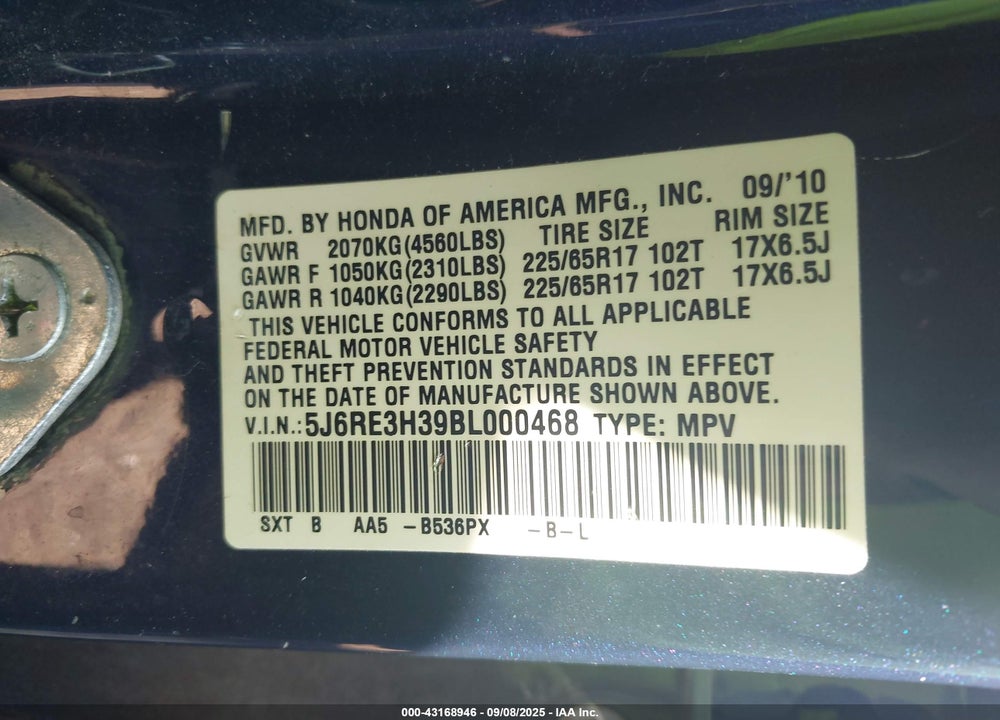 2011 HONDA CR-V VIN: 5J6RE3H39BL000468