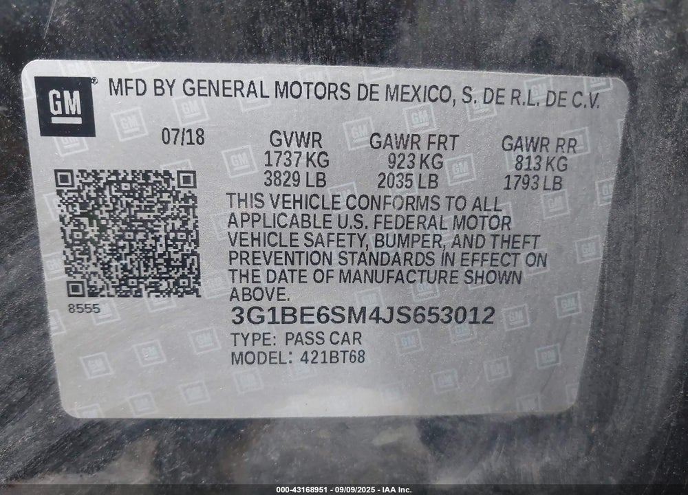 2018 CHEVROLET CRUZE VIN: 3G1BE6SM4JS653012