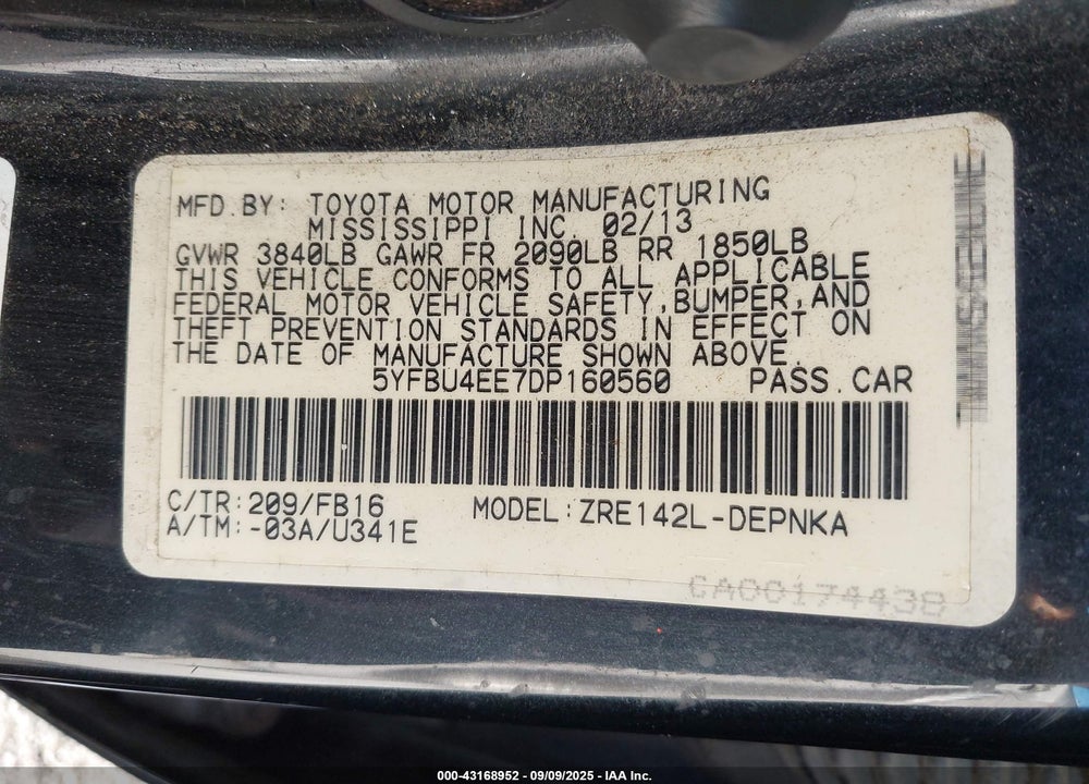 2013 TOYOTA COROLLA VIN: 5YFBU4EE7DP160560