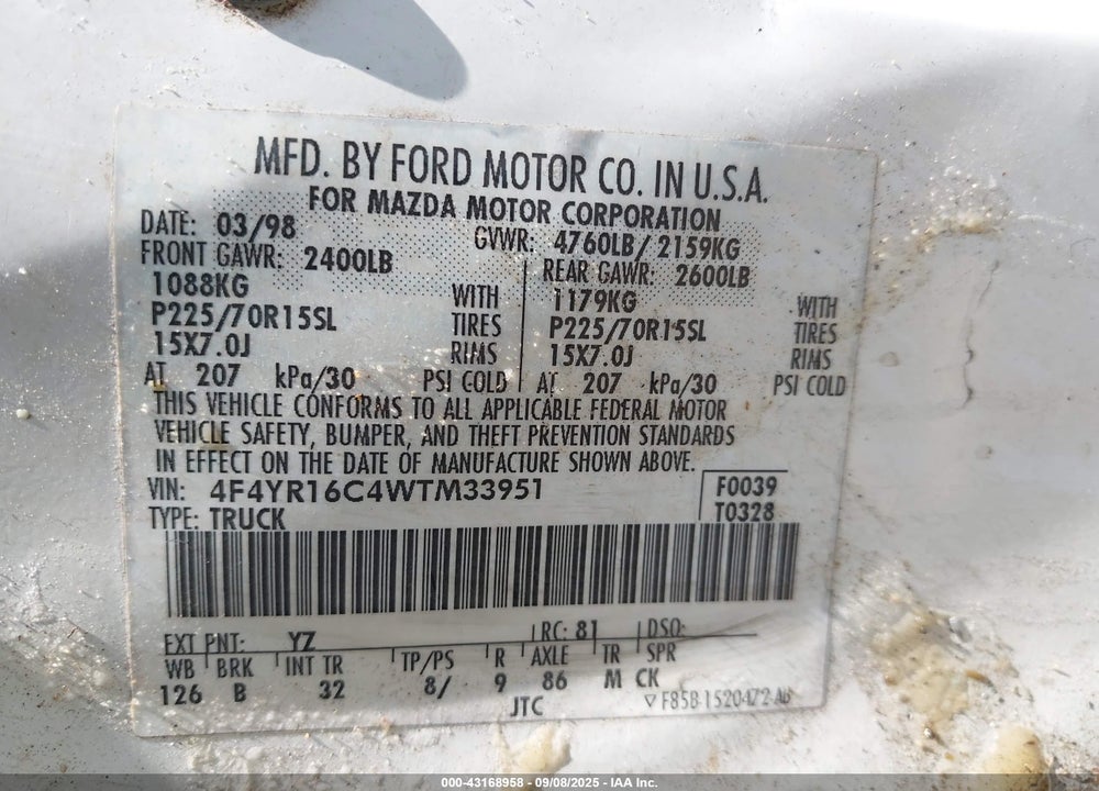 1998 MAZDA B2500 SE VIN: 4F4YR16C4WTM33951